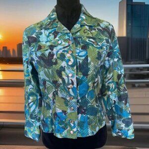 Chico's Womens Blazer Size 1 Green & Blue Leaf Print Snap Clisure Office Floral